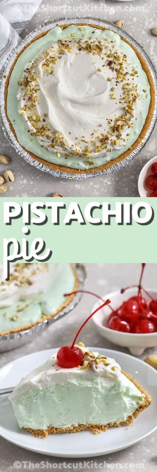 Pistachio pie is a classic, shortcut-friendly dessert that tastes rich but feels light. Instant pistachio pudding mix and cold milk create the base, cream cheese adds a tangy cheesecake note, and Cool Whip keeps the filling airy. Spread into a graham cracker crust and chill until firm. This pistachio pudding pie is made for parties and easy make-ahead weekends. #theshortcutkitchen Pistachio Pie with whipped topping and a slice on a plate with a title
