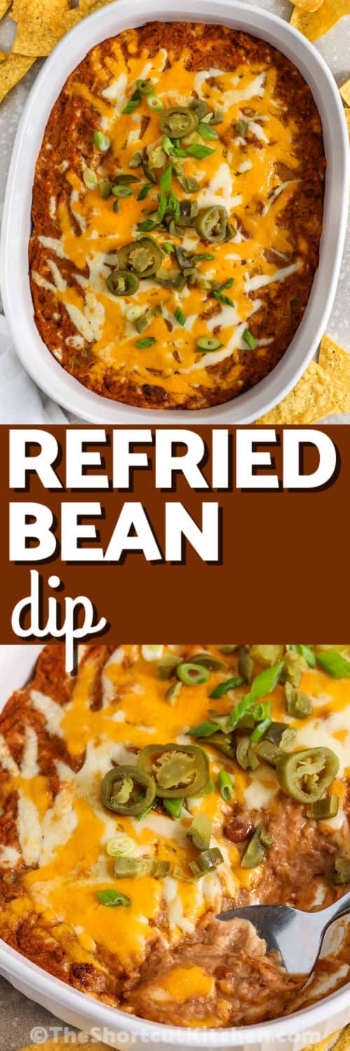 Refried bean dip baked with cheese is a simple appetizer that everyone enjoys. This easy hot dip recipe mixes refried beans, salsa, taco seasoning, and sour cream for classic Tex-Mex flavor. A layer of melted Mexican cheese makes it perfect for dipping tortilla chips or crackers. Serve this party dip at game nights, holidays, or potlucks when you want a warm and filling snack that is easy to prepare and always popular. Keep this easy appetizer ready for sharing. #theshortcutkitchen Refried Bean Dip in the dish and close up photo with a title