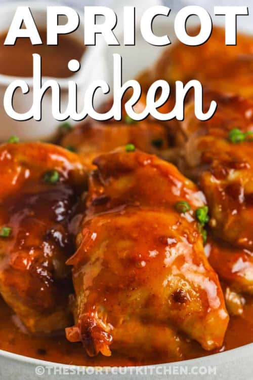 Save this apricot chicken recipe for busy nights. With apricot jam, dressing, and onion soup mix, you get a glossy baked apricot chicken sauce without chopping or browning. Choose thighs for extra juiciness or breasts for a leaner option. Serve over rice and drizzle with extra sauce. Add pineapple, peppers, or soy sauce for a fun twist. #theshortcutkitchen plate of saucy Apricot Chicken Recipe with a title