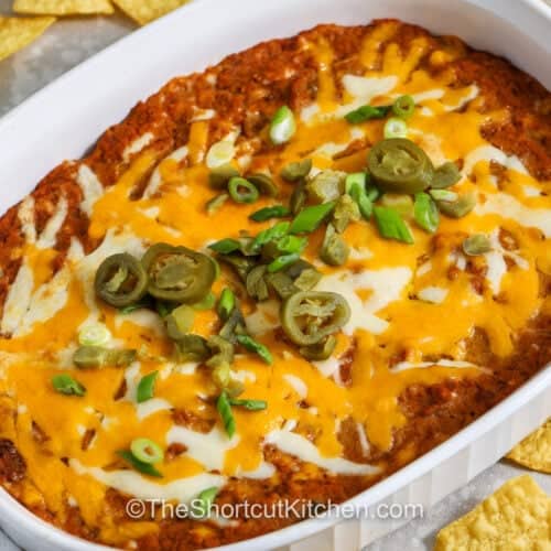 Refried Bean Dip in a casserole dish