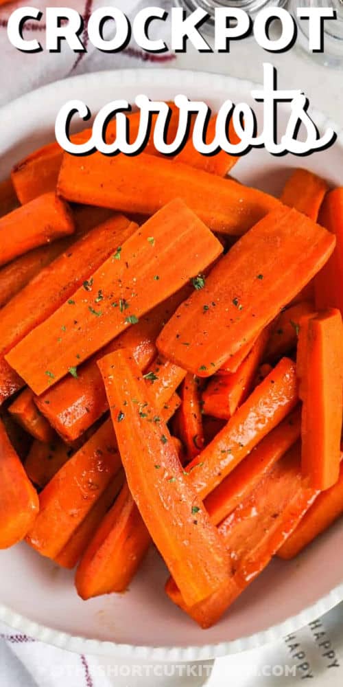 Crockpot carrots cook up fork-tender with a buttery brown sugar cinnamon coating that tastes like classic candied carrots. Use this crock pot carrots method when you need hands-off cooking and reliable results. Cut carrots into even sticks so they cook evenly, then stir halfway through for the best glaze. Serve with ham, pot roast, or roast chicken. #theshortcutkitchen buttery Crockpot Carrots with a title