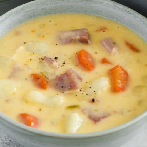 a bowl of cheesy ham and potato soup