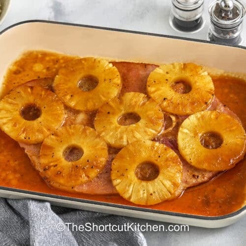 casserole dish of Ham Steak with pinepple