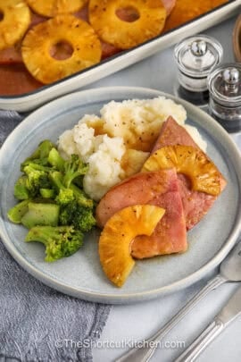 plated Ham Steak with mashed potatoes and broccoli