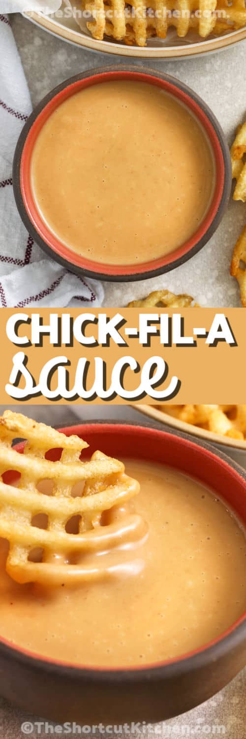 Chick-Fil-A sauce recipe cravings are easy to fix with this smooth and flavorful homemade version that uses pantry staples. This copycat Chick-Fil-A sauce recipe blends mayo, honey, mustard, and BBQ sauce into a creamy dip that pairs perfectly with chicken nuggets, fries, or sandwiches. It has that sweet and smoky taste you love and mixes up easily for any meal. Keep it chilled and ready to add a little extra flavor to lunches, snacks, or dinner plates. #theshortcutkitchen Top image: top view of Chick-Fil-A sauce recipe in a bowl Bottom image: dipping a waffle fry into chick-fil-a sauce recipe