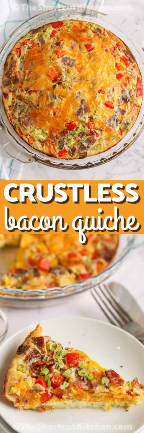 This easy crustless bacon quiche combines bacon, cheddar, and peppers in a fluffy egg bake that is simple enough for weekdays and nice enough for brunch. Because it uses Bisquick, the texture is tender and sliceable, making this crustless quiche recipe a practical shortcut breakfast. It is a great way to use everyday ingredients and keep prep easy. #theshortcutkitchen quiche in a pie plate and quiche slice on a plate