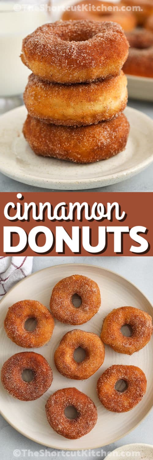 This easy donut recipe is a shortcut win: biscuit donuts made with refrigerated canned biscuits, fried quickly and coated in buttery cinnamon sugar. Keep it classic or dip in vanilla glaze or chocolate glaze once they cool slightly. Donut holes cook even faster, making this perfect for kids and busy mornings. Air fryer donuts method included. #theshortcutkitchen 2 images one of stacked donuts one of donuts on a plate with writing