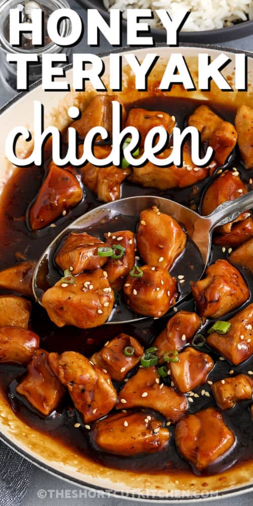 Honey Teriyaki Chicken in a pan with a title