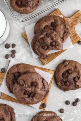 wooden platters with Chocolate Cake Mix Cookies