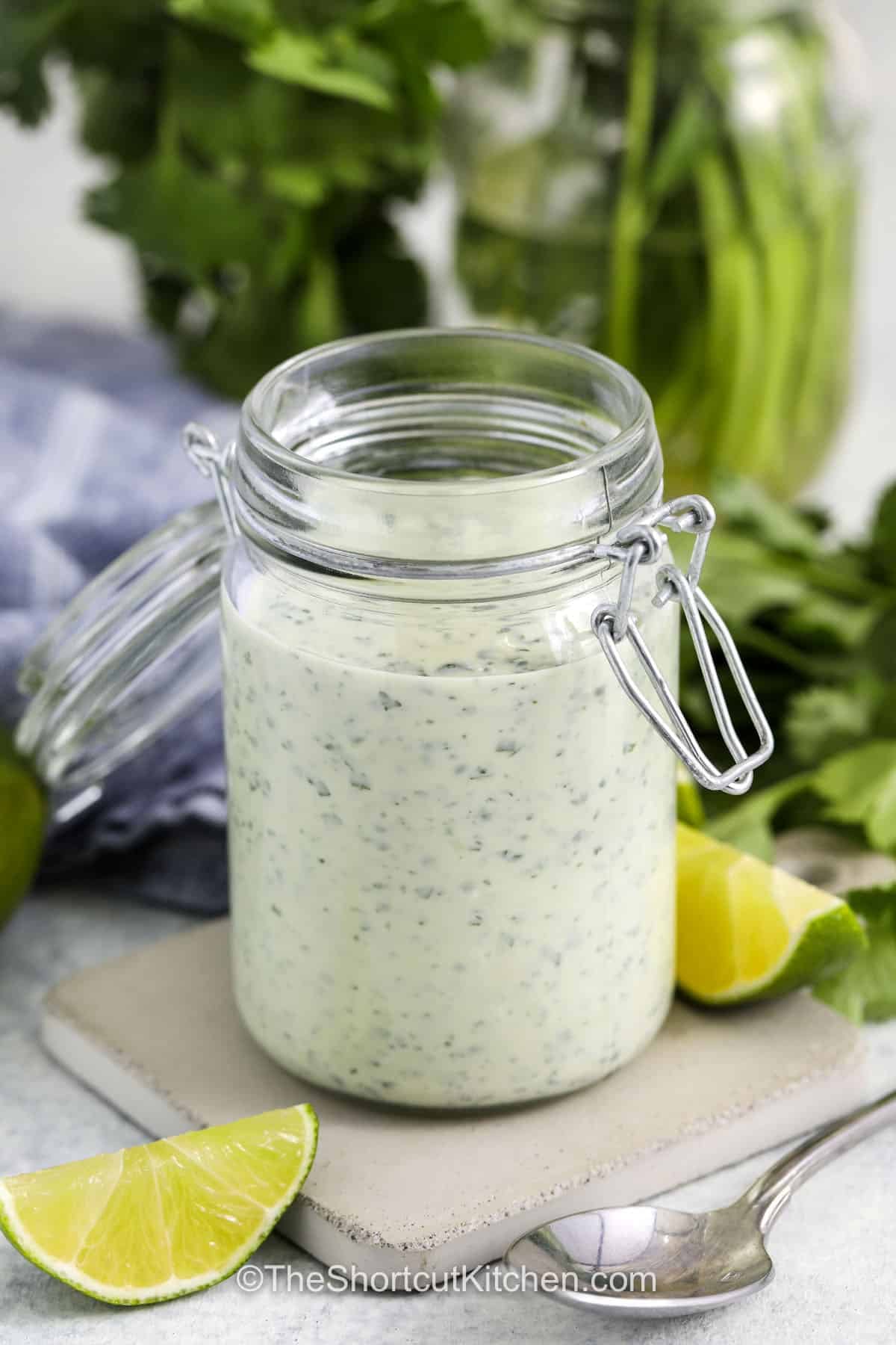 Cilantro garlic sauce is an easy homemade sauce that adds big flavor fast. Fresh cilantro, garlic, and lime blend with a creamy base to create a smooth and zesty finish. Use it as a dip, spread, or drizzle for wraps, bowls, and grilled meats. This versatile cilantro sauce recipe fits into weeknight meals and casual gatherings with ease. It is a handy recipe to keep in your rotation. #theshortcutkitchen Cilantro Garlic Sauce in a jar