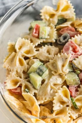 close up of creamy Greek Shrimp Pasta Salad