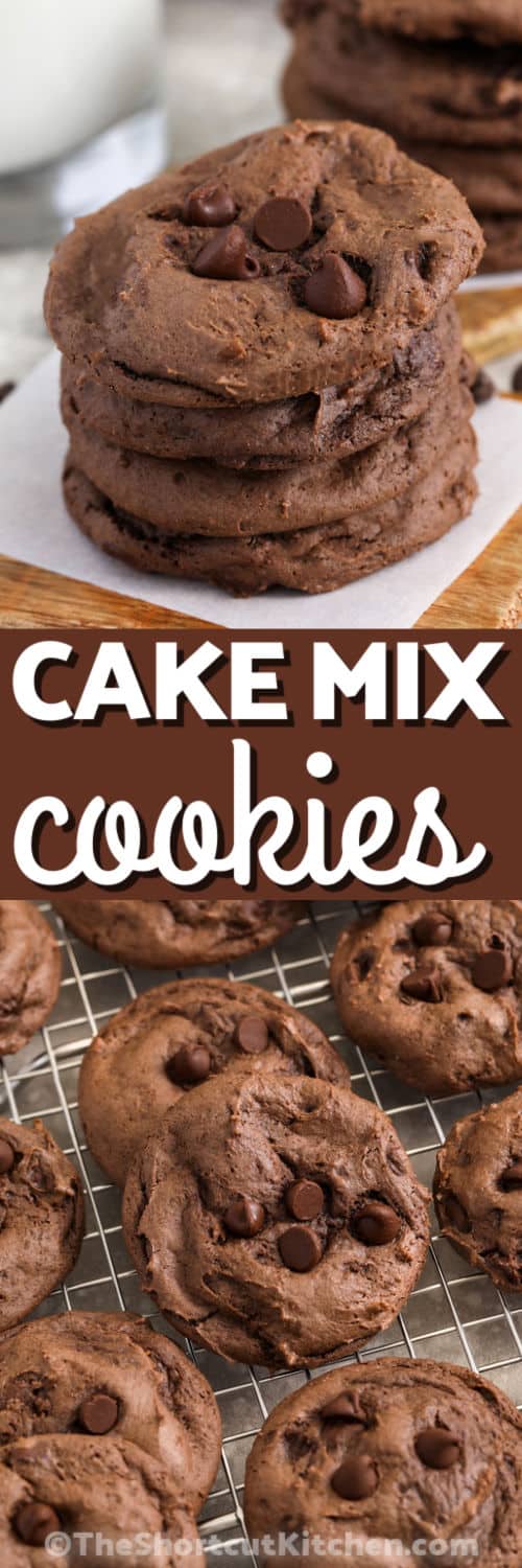Chocolate cake cookie mix makes these cookies taste like the perfect cross between a fudgy brownie and a classic chocolate chip cookie. They bake up thick, soft, and full of deep cocoa flavor with pockets of melted chocolate in every bite. This shortcut recipe is ideal for busy days when you still want a warm, fresh baked dessert that feels special without much effort. #theshortcutkitchen Chocolate Cake Mix Cookies on a cooling rack and top photo in a stack with a title