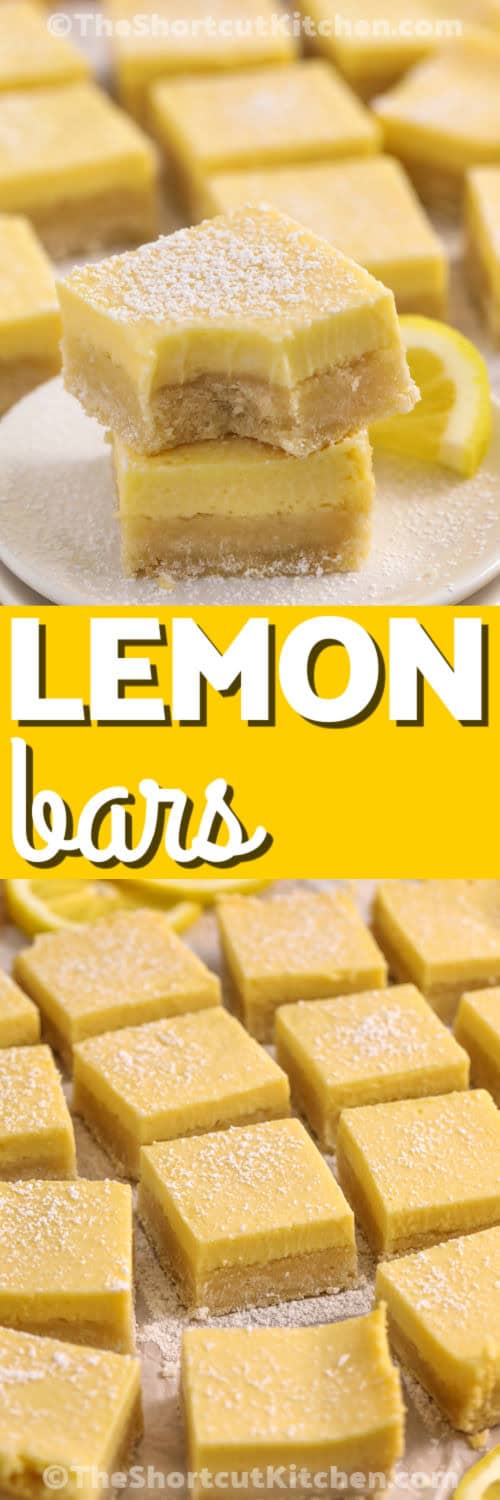 Easy lemon bars are a simple baked treat made with pantry staples and fresh lemons. The sugar cookie crust holds a smooth lemon layer that sets nicely after chilling. These bars are great for spring parties, bake sales, or dessert tables when you want something easy, fresh, and pretty enough to serve a crowd. They also store well, so you can make them ahead with no stress. #theshortcutkitchen Easy Lemon Bars with powdered sugar on top and 2 pieces plated with a title