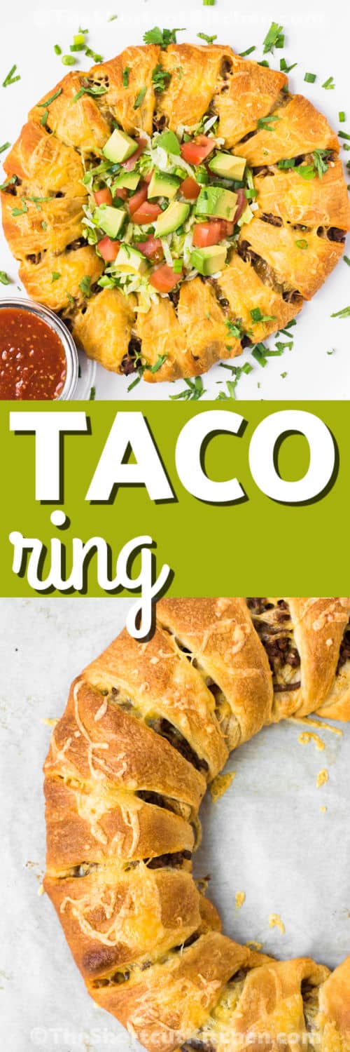 This taco ring is the kind of shortcut dinner that saves busy nights. Seasoned ground beef and cheddar cheese are wrapped in crescent rolls and baked until crisp and golden. This taco ring recipe is easy to customize with your favorite toppings and works for family dinners, game day, or casual parties when you want something warm, cheesy, and satisfying. #theshortcutkitchen Taco Ring with dip and bottom photo close up with a title