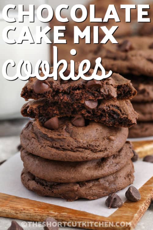 Chocolate cake cookie mix makes these cookies rich, fudgy, and deeply chocolatey with a soft brownie like texture that melts in your mouth. With just a few simple ingredients added in, the dough comes together quickly and bakes into thick, bakery style cookies loaded with chocolate chips in every bite. They are perfect for when you want something homemade without the extra effort or time in the kitchen. #theshortcutkitchen stack of Chocolate Cake Mix Cookies with a bite taken out of the top one and a title