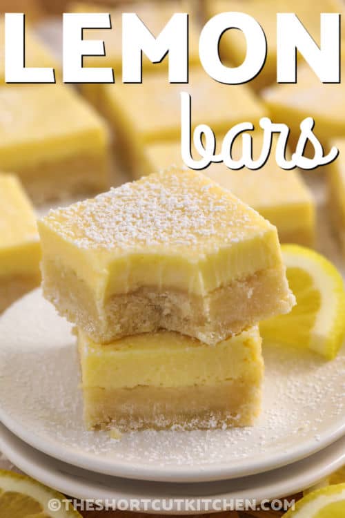 Easy lemon bars are a simple dessert with a quick shortcut that tastes like it was made from scratch. A sugar cookie mix makes the crust quick, then a creamy filling with sweetened condensed milk, egg yolks, and fresh lemon juice goes on top. They bake in one pan, chill until set, and slice neatly for parties, brunch, or holiday trays. Each bite brings a bright pop of lemon that keeps them light and fresh. #theshortcutkitchen plated Easy Lemon Bars with a bite taken out of one with a title