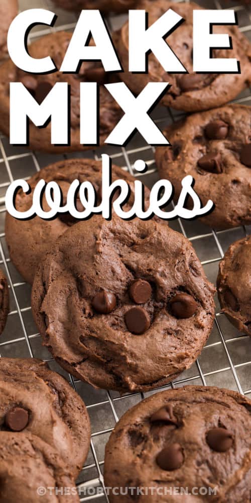 Chocolate Cake Mix Cookies on a cooling rack with a title
