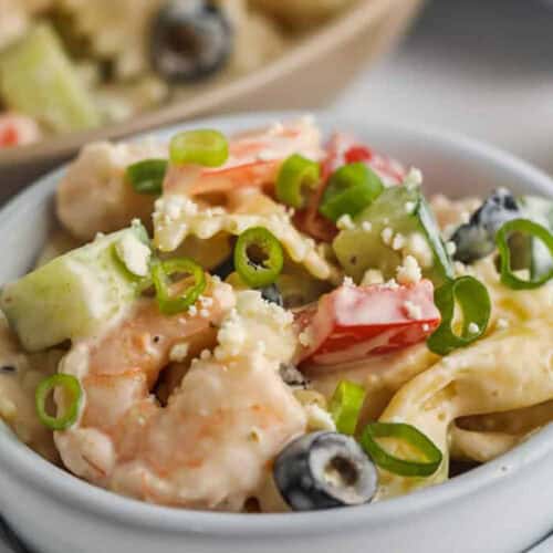 close up of plated Greek Shrimp Pasta Salad