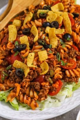 Taco Pasta Salad on lettuce