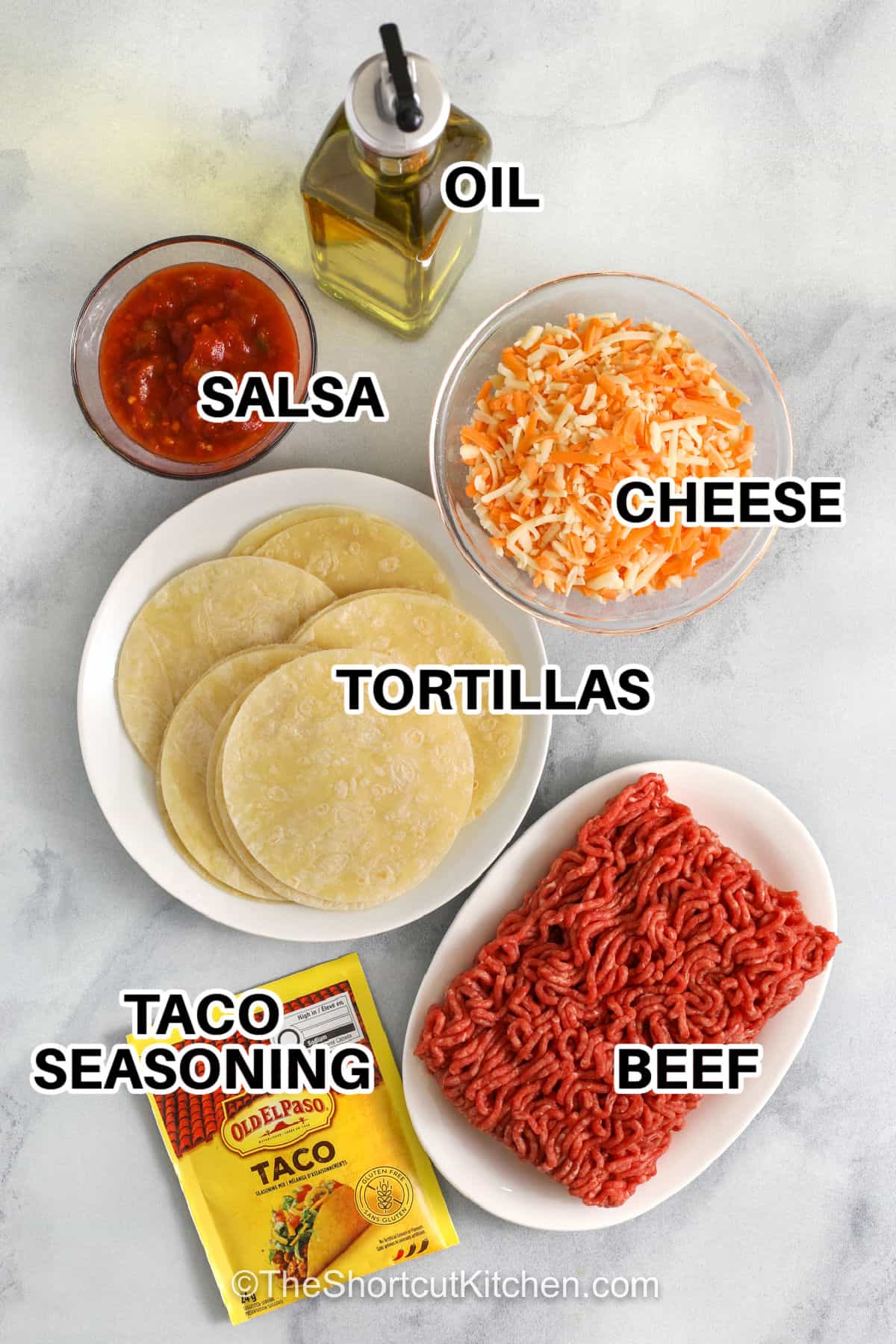Crispy baked tacos are the perfect taco night shortcut when you want something easy, cheesy, and family friendly. Ground beef is cooked with salsa and taco seasoning, tucked into flour tortillas with cheese, and baked until golden. Serve these Baked Tacos with shredded lettuce, tomatoes, sour cream, guacamole, pico de gallo, or jalapenos. Save this recipe for a quick weeknight meal. #theshortcutkitchen oil , salsa , cheese , tortillas , beef , taco seasoning with labels to make Baked Tacos
