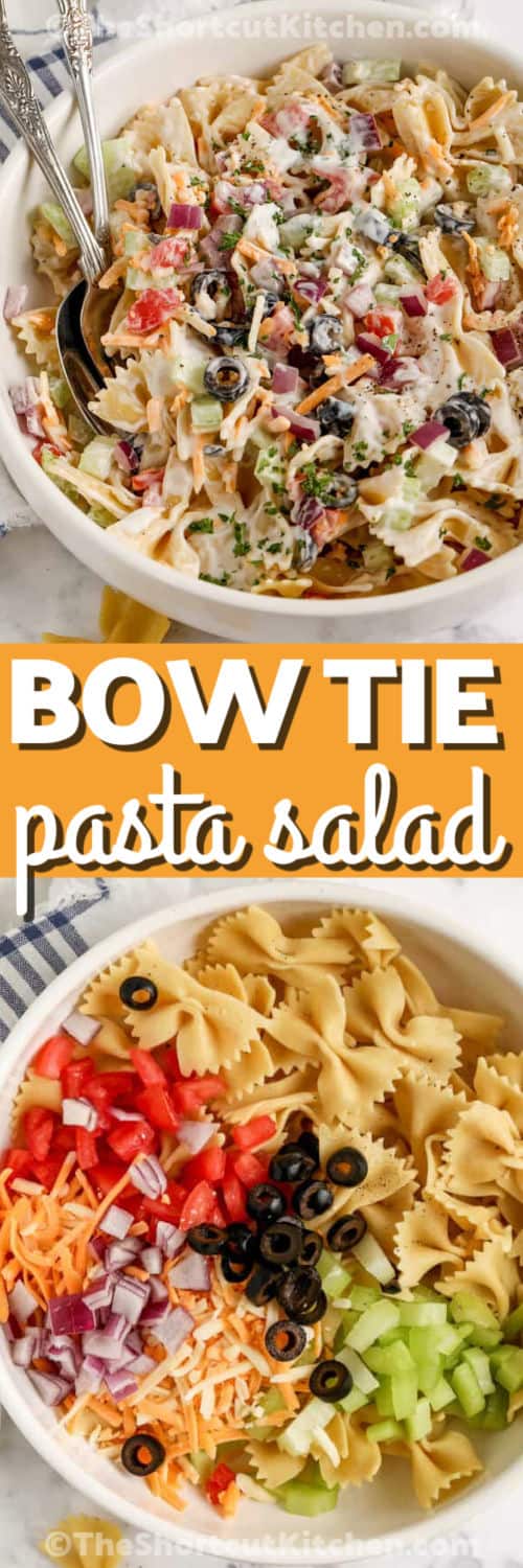 This bow tie pasta salad is a creamy cold pasta salad made with tender bow tie pasta, ranch dressing, cheddar cheese, red onion, celery, tomatoes, and black olives. It is an easy recipe for BBQs, potlucks, summer lunches, or meal-prep sides. Chill before serving so the flavors blend, and stir in extra ranch to refresh leftovers. #theshortcutkitchen ingredients in a bowl to make Bow Tie Pasta Salad and plated dish with a title
