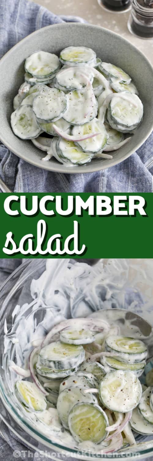 This creamy cucumber salad recipe brings garden-fresh flavor to every table with crisp cucumbers and creamy dill dressing. Red onion adds extra color and bold flavor, while the sour cream mixture keeps every bite rich and tangy. It is an easy side dish for cookouts, family dinners, and holiday meals. Pair it with grilled steak, chicken, or burgers for a refreshing summer plate everyone will love. Make this chilled cucumber salad for your next gathering. #theshortcutkitchen Creamy Cucumber Salad Recipe mixed in a glass bowl and plated dish with a title