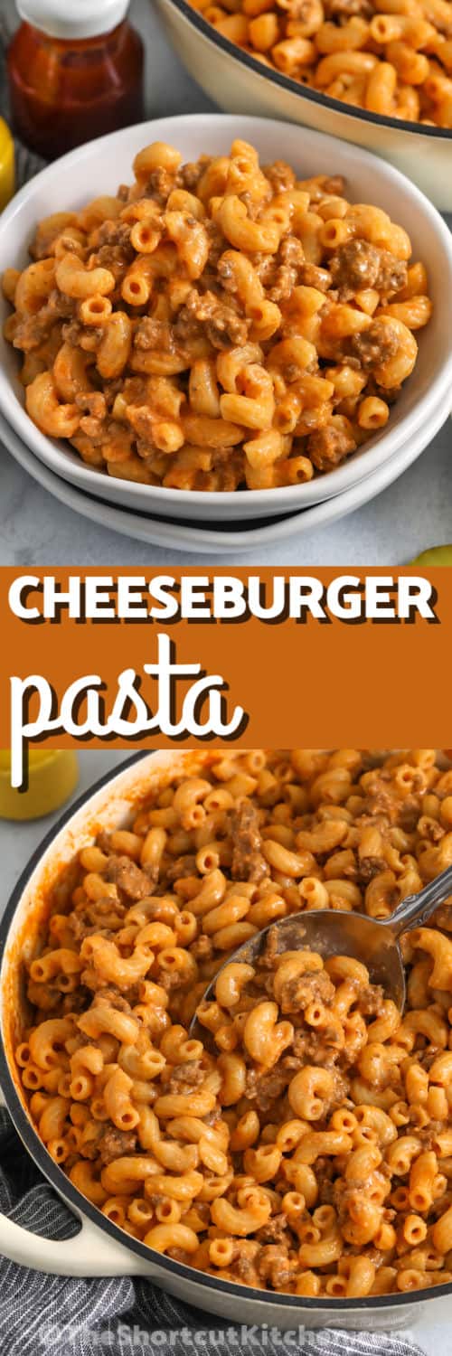 This one-pot cheeseburger pasta recipe is made with seasoned ground beef, elbow macaroni, shredded cheddar, ketchup, and mustard. It is a shortcut dinner with classic cheeseburger flavor and a creamy sauce that coats every bite. Serve it with salad, veggies, or your favorite burger toppings like pickles, bacon, or green onions. Pin it now to add it to your weeknight rotation. #theshortcutkitchen One Pot Cheeseburger Pasta in a pot and in a bowl with a title