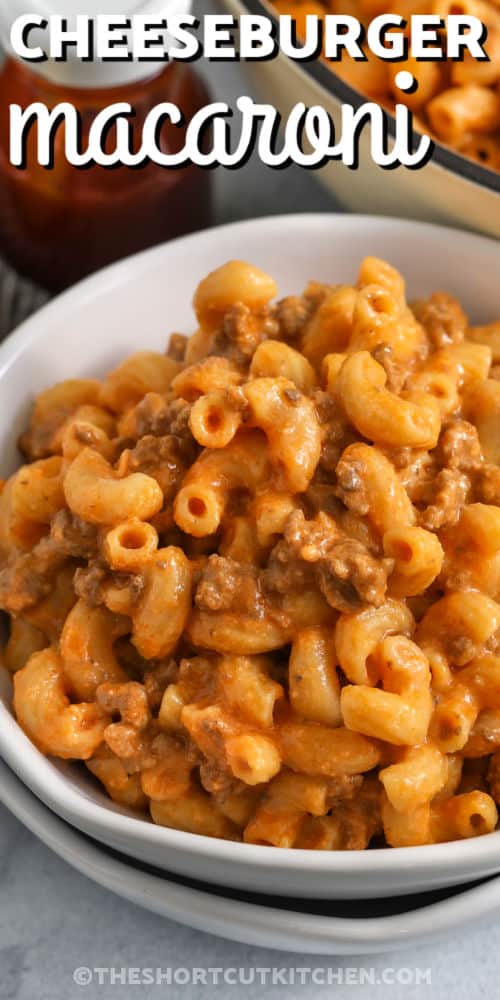 cheesy One Pot Cheeseburger Pasta in a bowl with a title