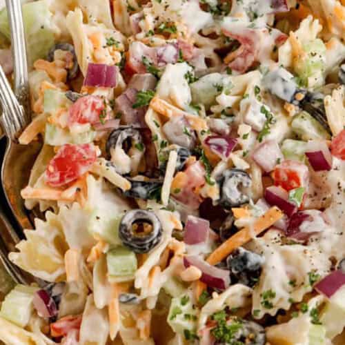 close up of creamy Bow Tie Pasta Salad