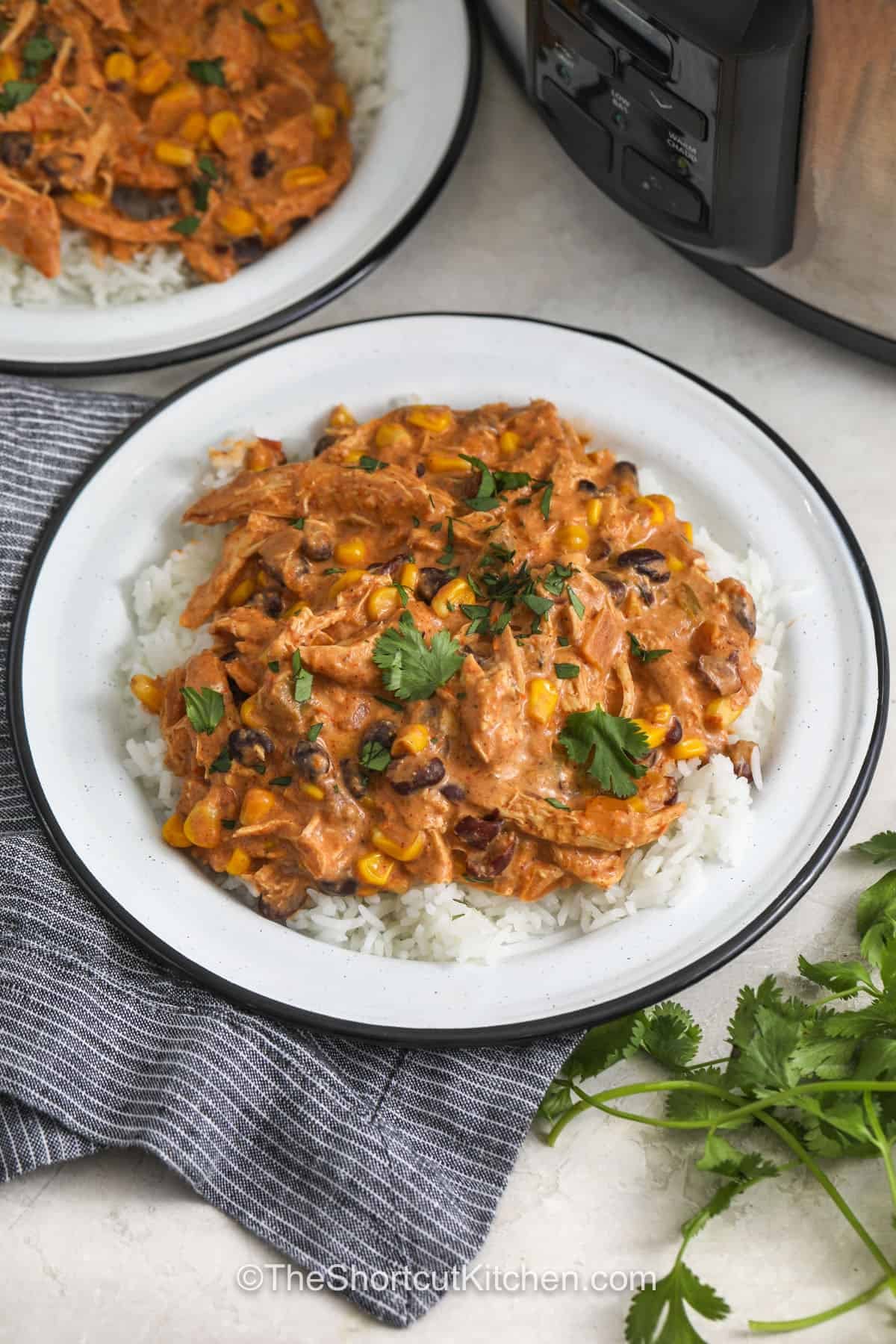A fiesta chicken recipe like this belongs on every busy family menu. Tender shredded chicken is cooked with salsa, taco seasoning, sweet corn, and black beans for a hearty meal. Cream cheese gives this fiesta chicken with cream cheese a rich and creamy texture that is perfect for bowls, tacos, and wraps. Everyone can customize their own serving with favorite toppings. Add this recipe to your collection and enjoy it soon. #theshortcutkitchen plated dishes of Fiesta Chicken Recipe