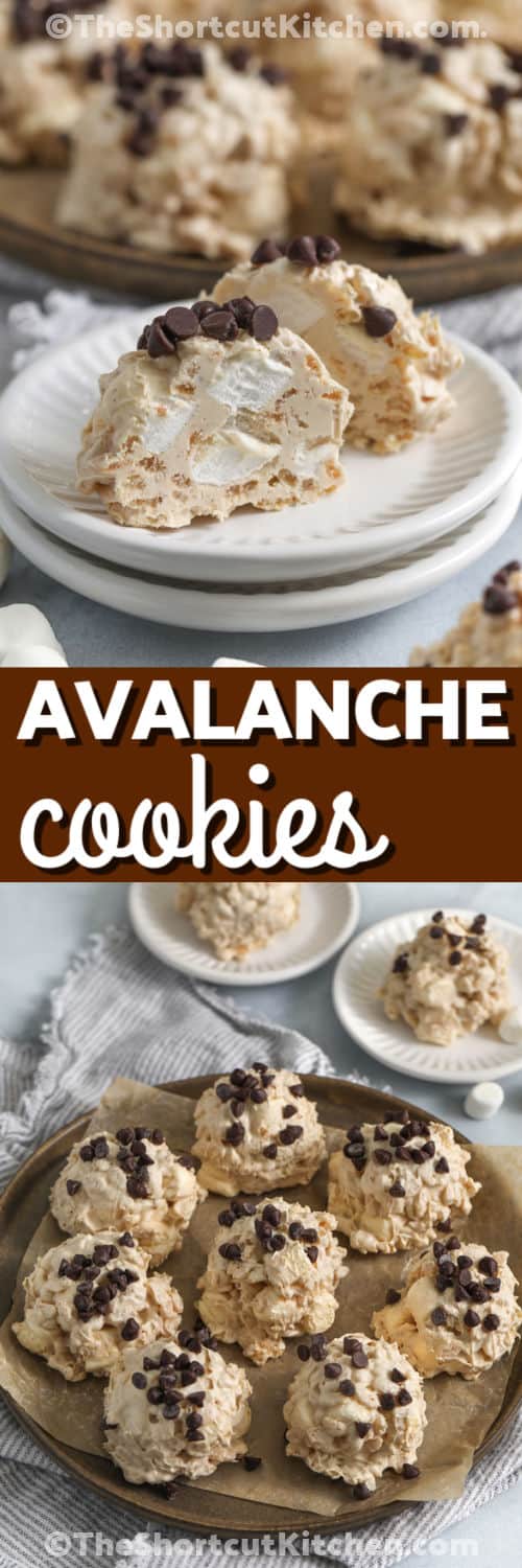 Avalanche cookies are the perfect no-bake dessert for anyone who loves sweet, crunchy, and chewy treats. Creamy peanut butter, white chocolate, crisp rice cereal, and marshmallows come together in every delicious bite. These easy cookies are great for holiday trays, parties, or after-school snacks with simple pantry ingredients. Everyone will be asking for the recipe. Make a batch and enjoy them with family and friends. #theshortcutkitchen Avalanche Cookies on a plate and on plated cut in half to show centre and a title