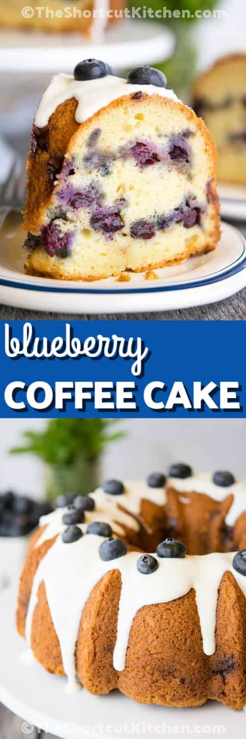 Blueberry coffee cake is an easy baking recipe with a soft vanilla crumb, fresh blueberries, and sweet cinnamon filling. It bakes in a bundt or tube pan, then gets drizzled with a simple glaze once cooled. This coffee cake is a great make-ahead option for holidays, weekend brunch, or anytime you need a sweet treat to share. Pin this recipe before blueberry season. #theshortcutkitchen Blueberry Coffee Cake on a plate and a slice on a plate with a title
