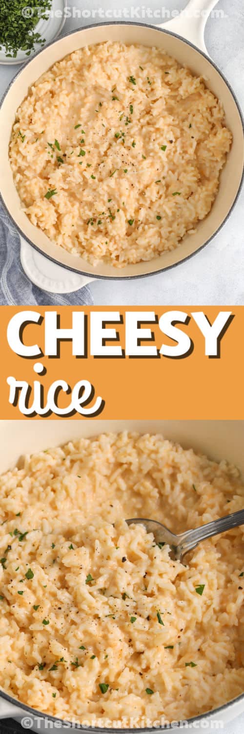 Tonight, cheesy rice is a simple way to add comfort to your dinner table. This easy side dish is packed with cheesy goodness and pairs beautifully with chicken, beef, or pork recipes. Made with everyday ingredients, it is a family favorite that fits right into busy schedules. Whether you are serving a casual dinner or a special meal, this homemade side is always a hit. Save this recipe for your next dinner plan. #theshortcutkitchen Cheesy Rice in a pot and bottom photo close up on a spoon and a title