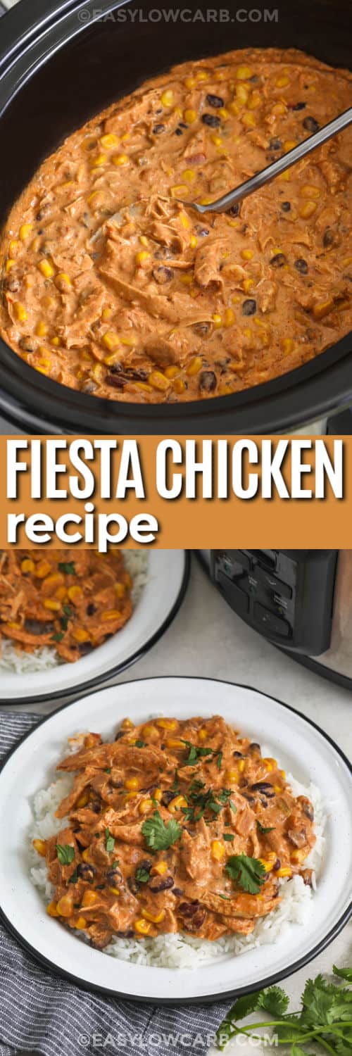 Our fiesta chicken recipe turns everyday ingredients into a creamy Tex Mex dinner everyone loves. Chicken breasts cook with salsa, corn, black beans, and taco seasoning until they are tender enough to shred. Cream cheese blends into the sauce for a rich finish that is perfect for tacos, wraps, burrito bowls, or chips. This crockpot fiesta chicken is easy to serve any night of the week. Give this family favorite a place on your table. #theshortcutkitchen Fiesta Chicken Recipe in the slow cooker and plated with a title