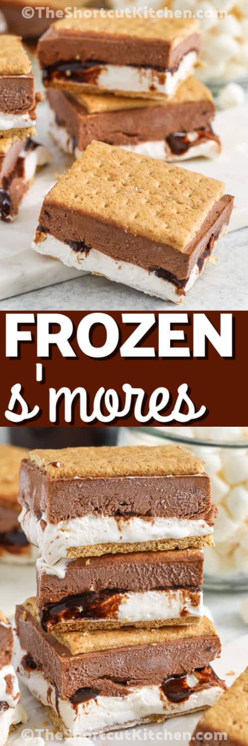 These frozen S’mores bars are made with a fluffy marshmallow layer, creamy chocolate pudding, and crisp graham crackers. This easy frozen s’mores dessert is a shortcut recipe for summer parties, BBQs, and kid-friendly treats. Wrap them individually and keep them in the freezer for whenever cravings hit. Pin this recipe to make soon. #theshortcutkitchen Frozen S'mores on a marble board and bottom photo in a stack with a title