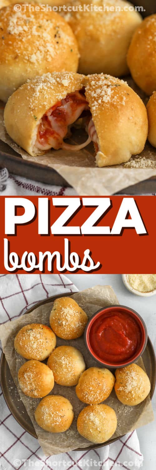 These biscuit pizza bombs are filled with chopped pepperoni, pizza sauce, and mozzarella, then baked until golden and brushed with garlic butter. This easy recipe uses refrigerated biscuits for a shortcut dough that saves time without losing flavor. Add them to a snack board, serve with salad, or make them for a fun Friday night dinner. Pin this for your next easy dinner night. #theshortcutkitchen pizza bombs on a plate and close up with writing