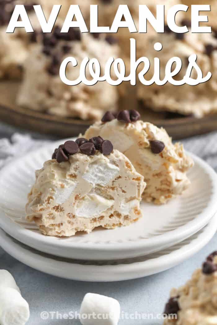 Avalanche Cookies with one on a plate cut in half and a title