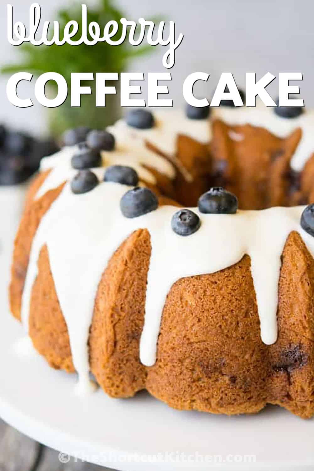 Make blueberry coffee cake when you want a cozy homemade cake that feels special but uses simple ingredients. Fresh blueberries, sour cream, vanilla, and cinnamon brown sugar bake into a soft bundt cake with a pretty glaze. This coffee cake is great for brunch, dessert, or serving with coffee on a slow weekend morning. Add it to your baking board today. #theshortcutkitchen Blueberry Coffee Cake in a plate with writing