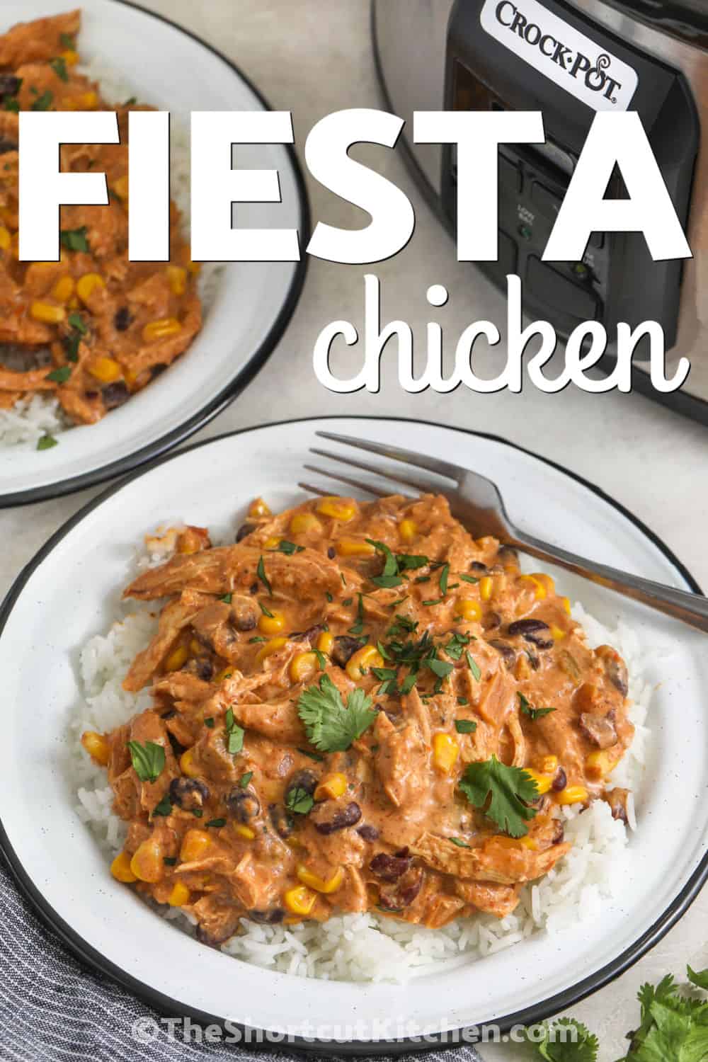 Make this fiesta chicken recipe when you need a comforting meal with very little effort. Slow Cooker Fiesta Chicken combines juicy chicken, salsa, black beans, corn, and taco seasoning into a hearty favorite. Cream cheese creates a creamy fiesta chicken that is perfect for tortillas, nachos, or rice bowls. It is a great way to feed the whole family with simple pantry ingredients. Try this recipe and make it part of your weekly menu. #theshortcutkitchen plates of Fiesta Chicken Recipe with crock pot in the background with a title