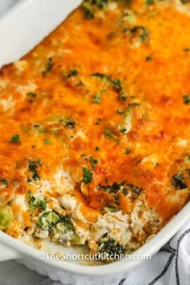 close up of baked Broccoli Chicken Casserole