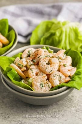 bowl of Shrimp Salad on lettuce