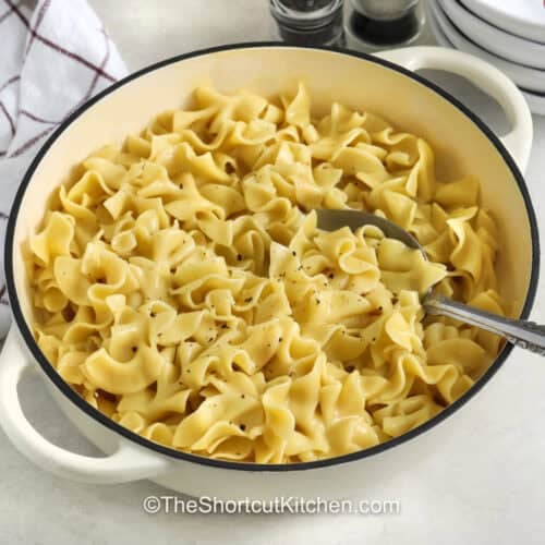 Cafeteria Noodles in a pot with a spoon