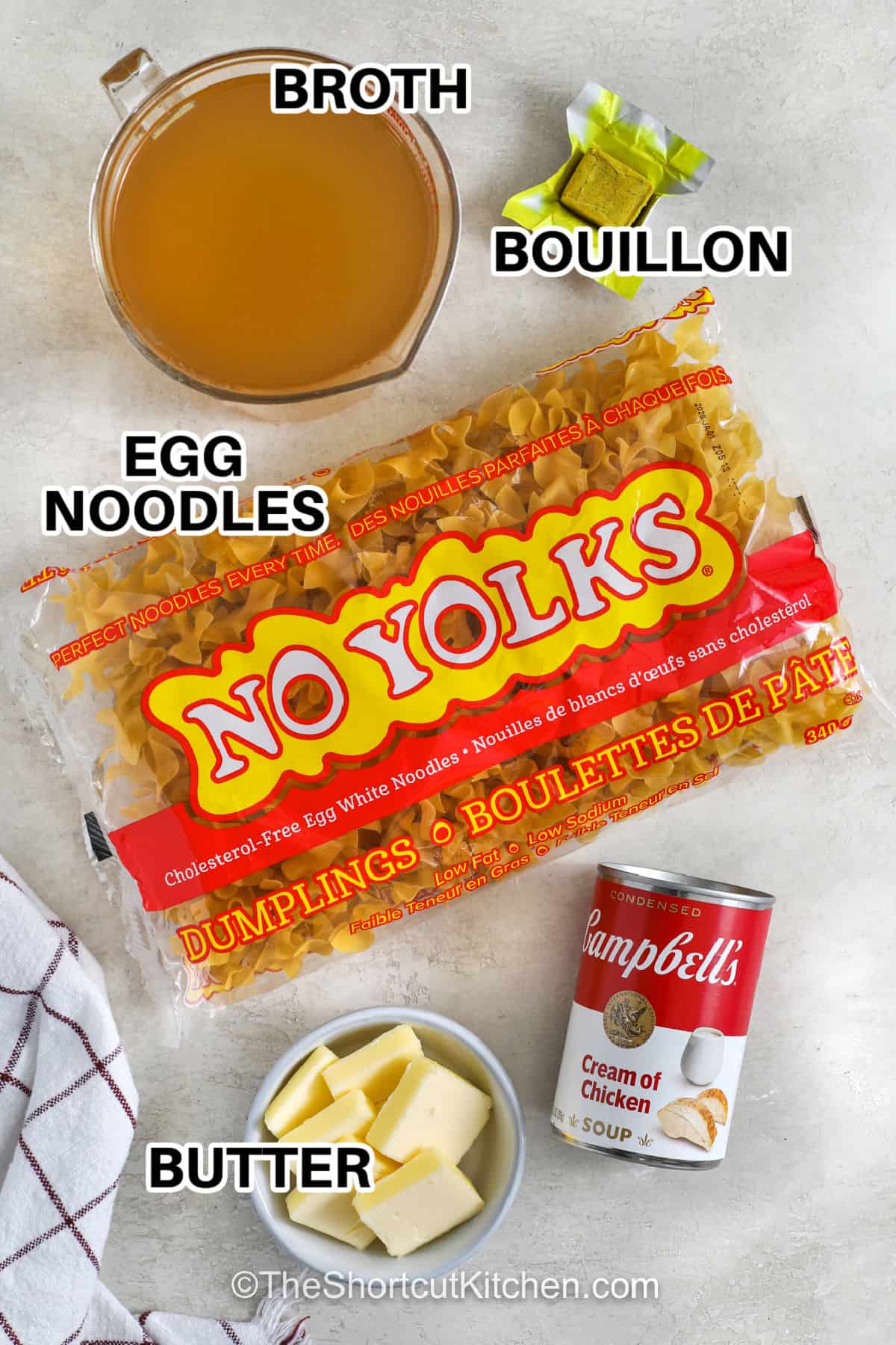 Cafeteria noodles bring back the nostalgic taste of a simple, satisfying side dish everyone enjoys. Made with egg noodles, creamy chicken soup, broth, and butter, this recipe creates a flavorful addition to any dinner. They are easy to serve with roasted meats, casseroles, and everyday family meals. Try these creamy cafeteria noodles and add a comforting favorite to your recipe collection. #theshortcutkitchen broth , bouillon cube , egg noodles , butter , cream of chicken soup with labels to make Cafeteria Noodles