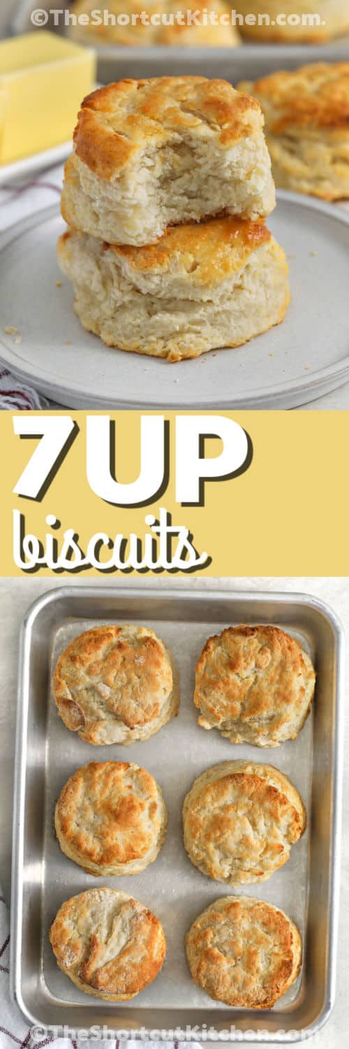7up biscuits are a simple way to add warm, homemade goodness to any meal. Made with Bisquick, sour cream, butter, and lemon-lime soda, these easy biscuits bake up light and fluffy. They are wonderful with butter and jam or served beside soup, chili, or sausage gravy. Keep this easy biscuit recipe handy whenever you want a comforting side without much fuss. Give these 7up biscuits a try today and enjoy a homemade favorite. #theshortcutkitchen 7up Biscuits on a sheet pan and plated with a title