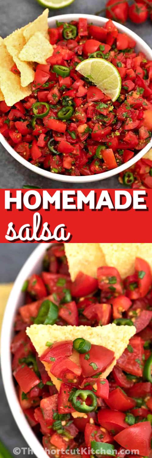 This easy fresh homemade salsa recipe is loaded with cherry tomatoes, jalapeños, lime, garlic, cilantro, and green onions for big homemade flavor. It is chunky like pico de gallo but juicy enough for dipping chips. Make this salsa recipe for taco night, nachos, summer cookouts, potlucks, or a quick appetizer that tastes fresher than anything from a jar. Pin this for fresh summer snacking. #theshortcutkitchen Homemade Salsa Recipe in a bowl and bottom photo close up with a tortilla chip and a title
