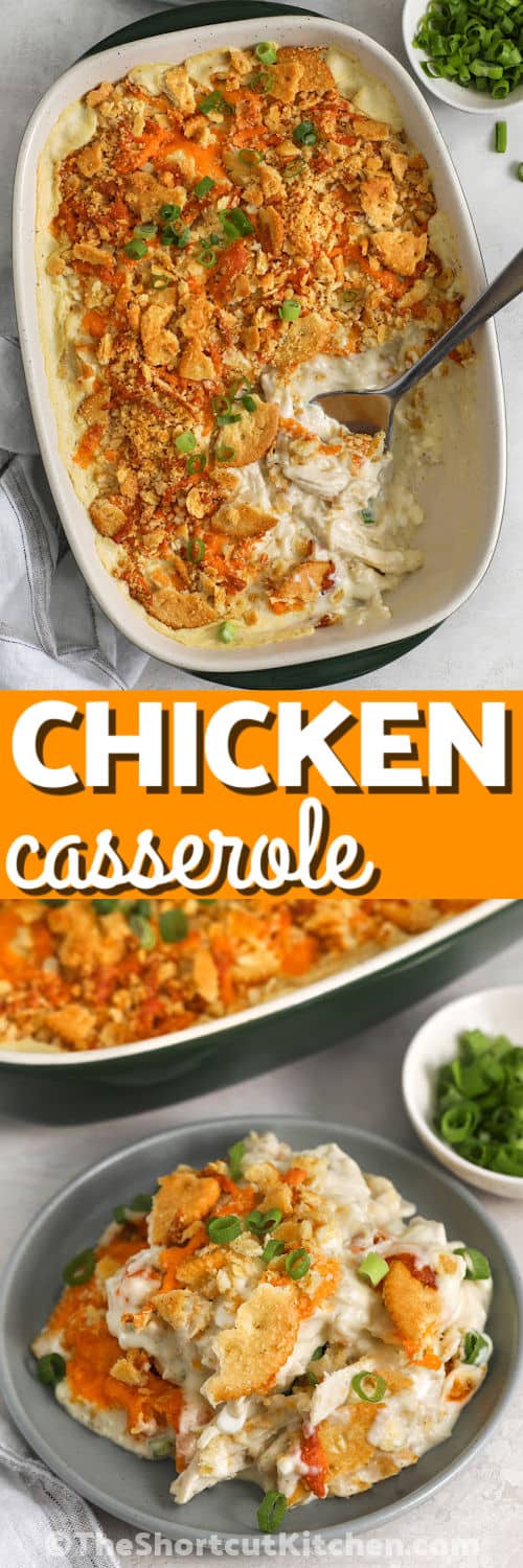 Million dollar chicken casserole brings creamy, cheesy goodness to the dinner table. This easy chicken casserole recipe combines tender chicken with a flavorful filling and golden cracker topping for a meal that feels special. It is a great way to use leftover or rotisserie chicken while creating a family favorite. Save this recipe and try it for your next cozy meal. #theshortcutkitchen Million Dollar Chicken Casserole in the casserole dish and plated with a title