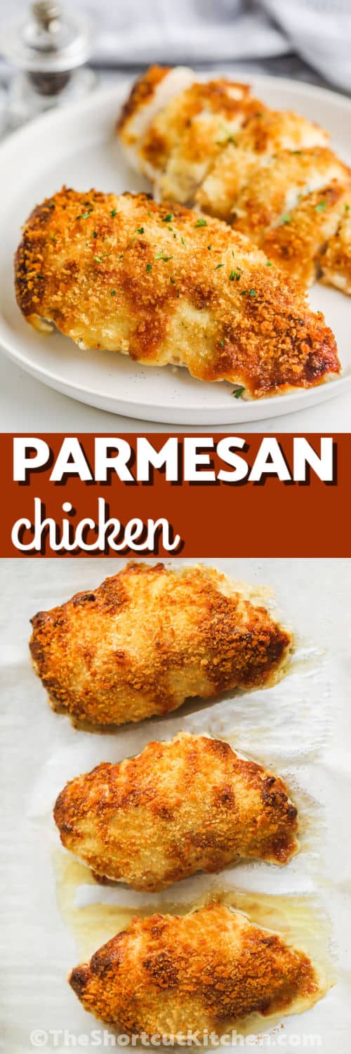 Baked parmesan crusted chicken with mayo is a shortcut chicken dinner with creamy ranch flavor, melted Parmesan, and a light panko crunch. The mayonnaise coating helps the seasoning and crumbs stick while keeping the chicken moist. Serve this oven-baked chicken breast recipe with garlic mashed potatoes, green beans, pasta, or a crisp side salad. Pin this easy chicken dinner now. #theshortcutkitchen Parmesan Crusted Chicken with Mayo on a sheet pan and plated with a title