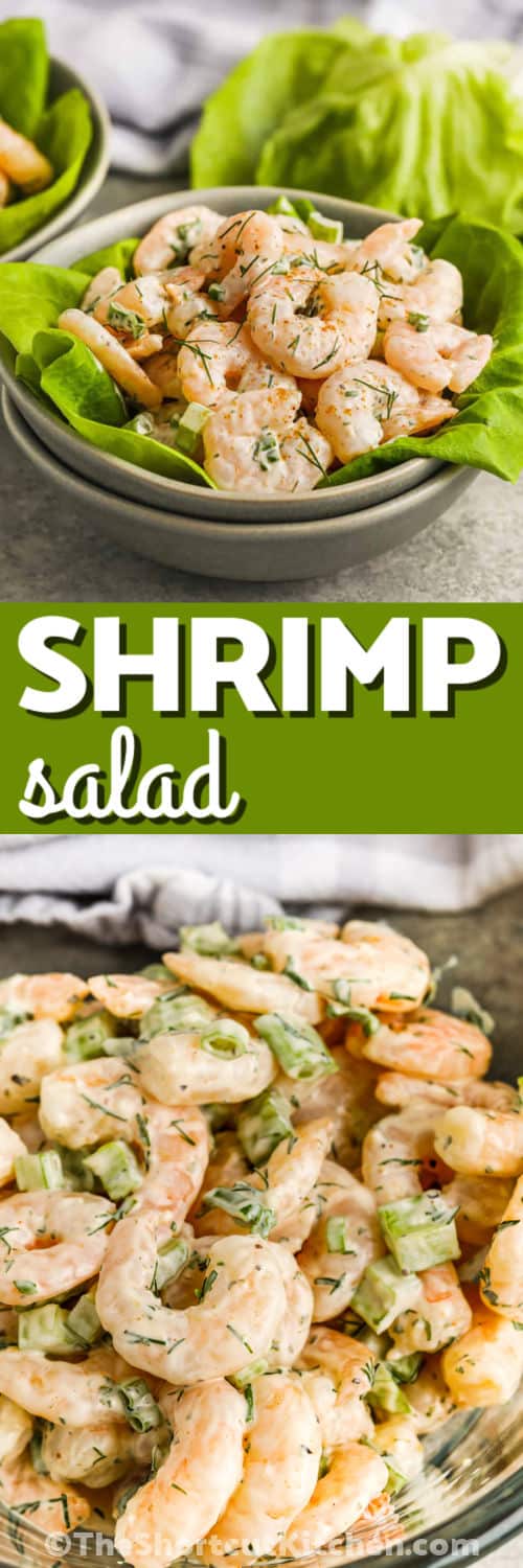 Easy shrimp salad with cooked shrimp is a fresh, chilled recipe for warm days, brunches, and light lunches. The creamy dressing is made with mayonnaise, lemon juice, Old Bay, salt, and pepper, then tossed with celery, green onion, and dill. Serve this shrimp salad recipe over butter lettuce or make shrimp salad sandwiches for a simple shortcut meal. Pin it for your next lunch menu. #theshortcutkitchen Shrimp Salad in a glass bowl and plated dish with a title