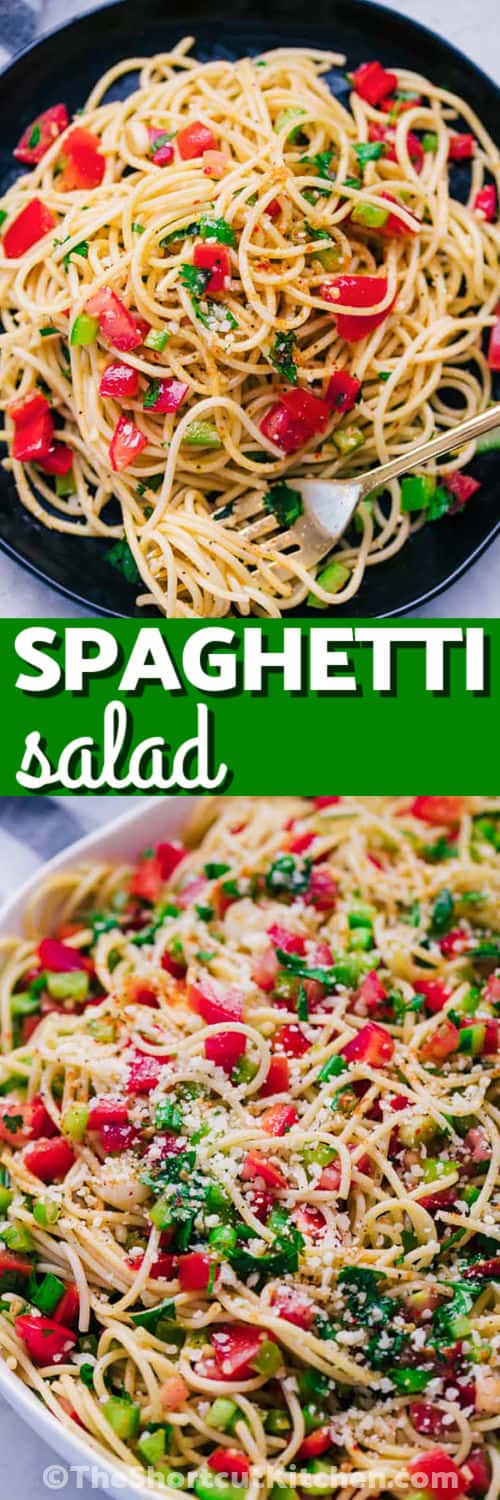 Make this easy spaghetti salad recipe with tender spaghetti, crisp red and green bell peppers, juicy roma tomatoes, fresh cilantro, parmesan, and a zesty dressing. This cold spaghetti salad is simple to prep, full of color, and ideal for picnics, cookouts, and quick side dishes. Pin it for an easy summer side. #theshortcutkitchen Spaghetti Salad in a bowl and plated with a title