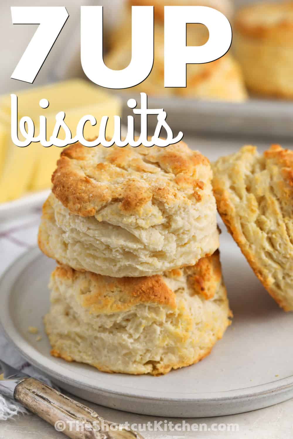 Need an easy side dish? 7up biscuits are a delicious choice for breakfast, lunch, or dinner. This simple biscuit recipe uses a few everyday ingredients to create tender, fluffy biscuits with plenty of buttery flavor. Serve them warm with your favorite meal, or add jam for a quick breakfast treat. They are also perfect alongside a bowl of soup or chili. Save this recipe and make a batch of 7up biscuits soon. #theshortcutkitchen plated 7up Biscuits with a title